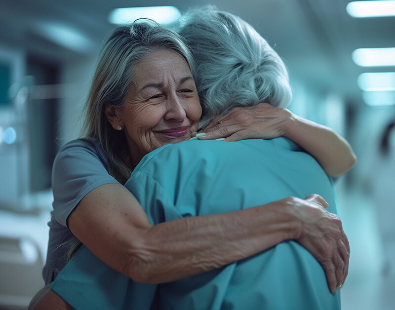 Two women embrace in a hospital