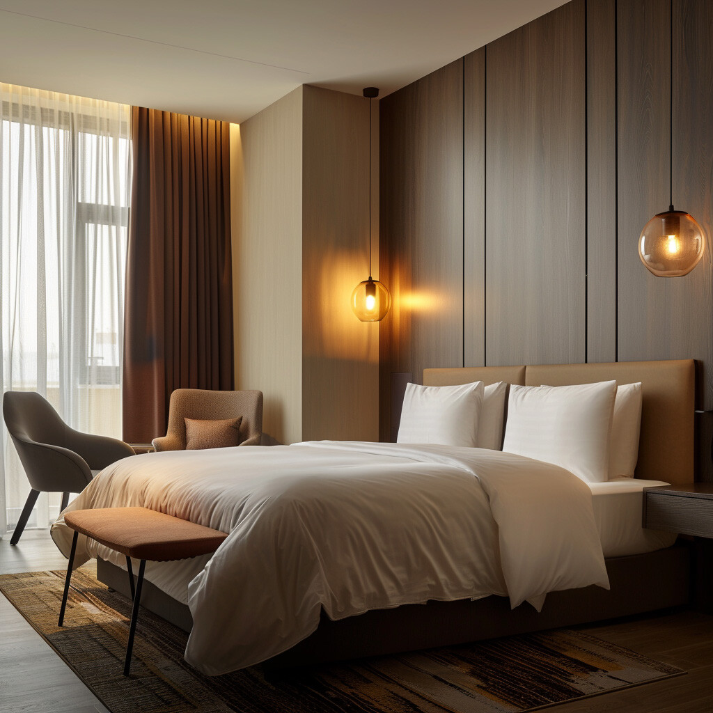 Interior of a modern hotel room with warm lighting