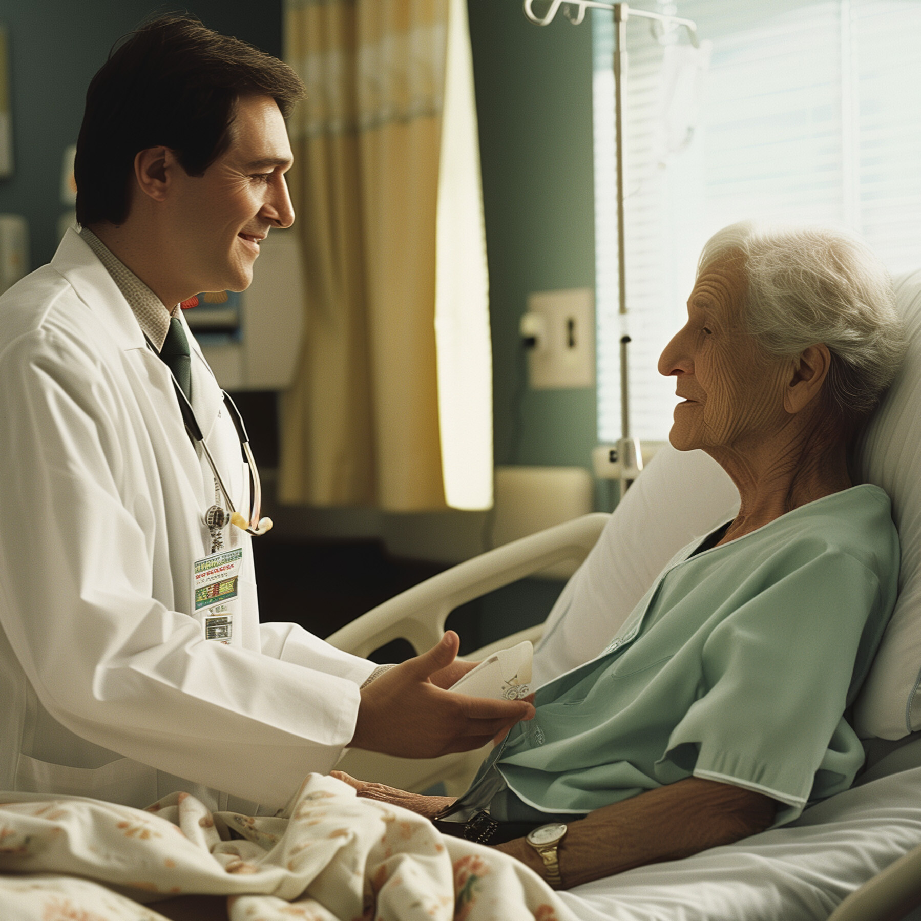 Male doctor speaks to a patient in his hospital bed