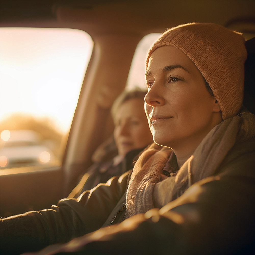 Woman driving a cancer patient to a medical hospital