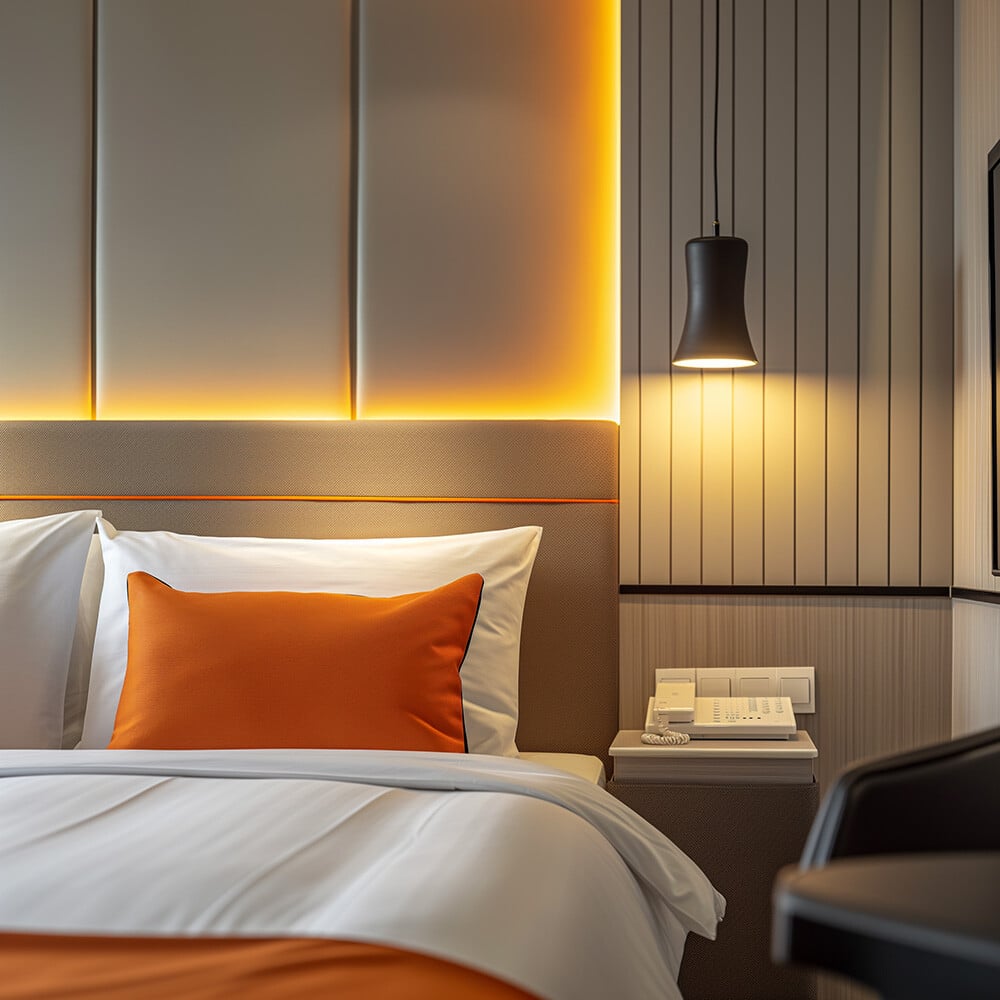 Interior of a modern hotel room with bright white and orange linens