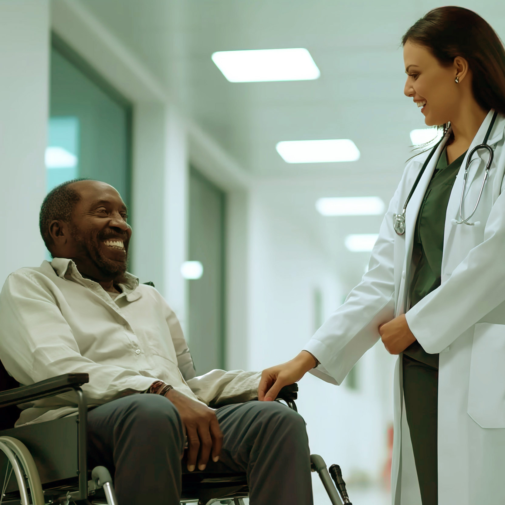 Doctor consoles a smiling cancer patient in a hospital hallway