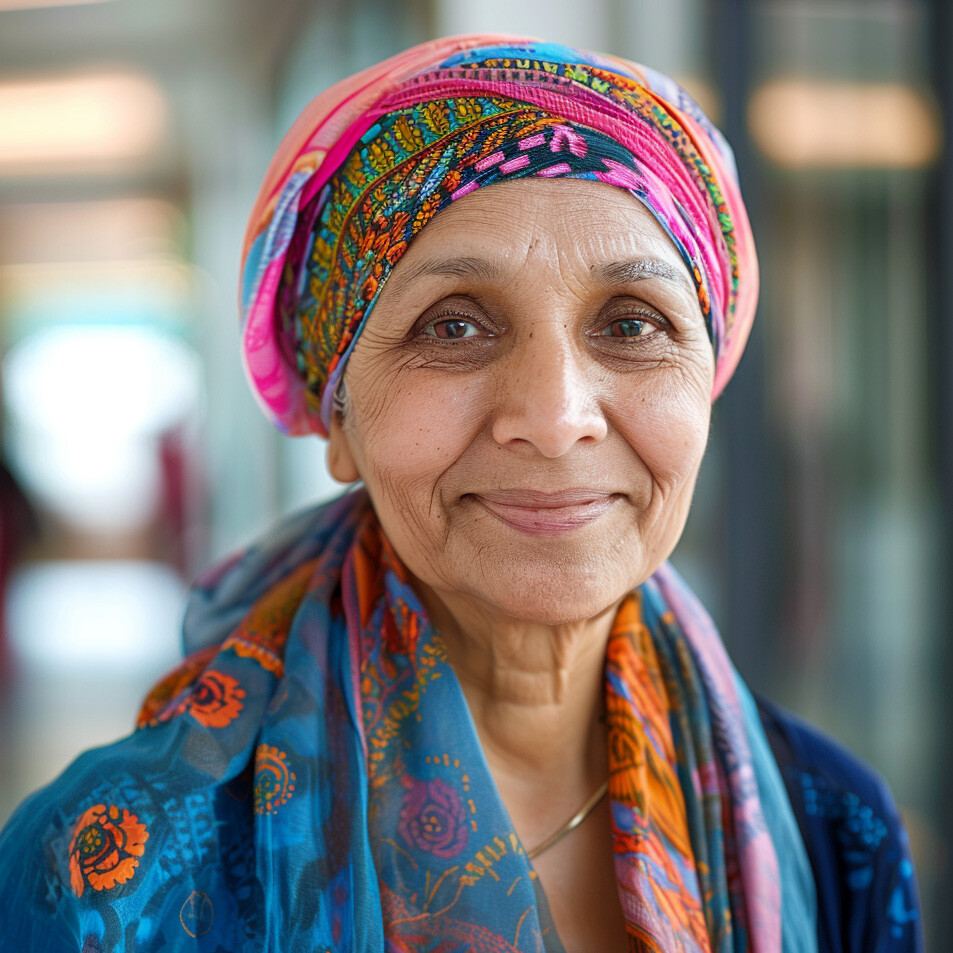 Female cancer patient with a colorful head wrap of pink and blue.