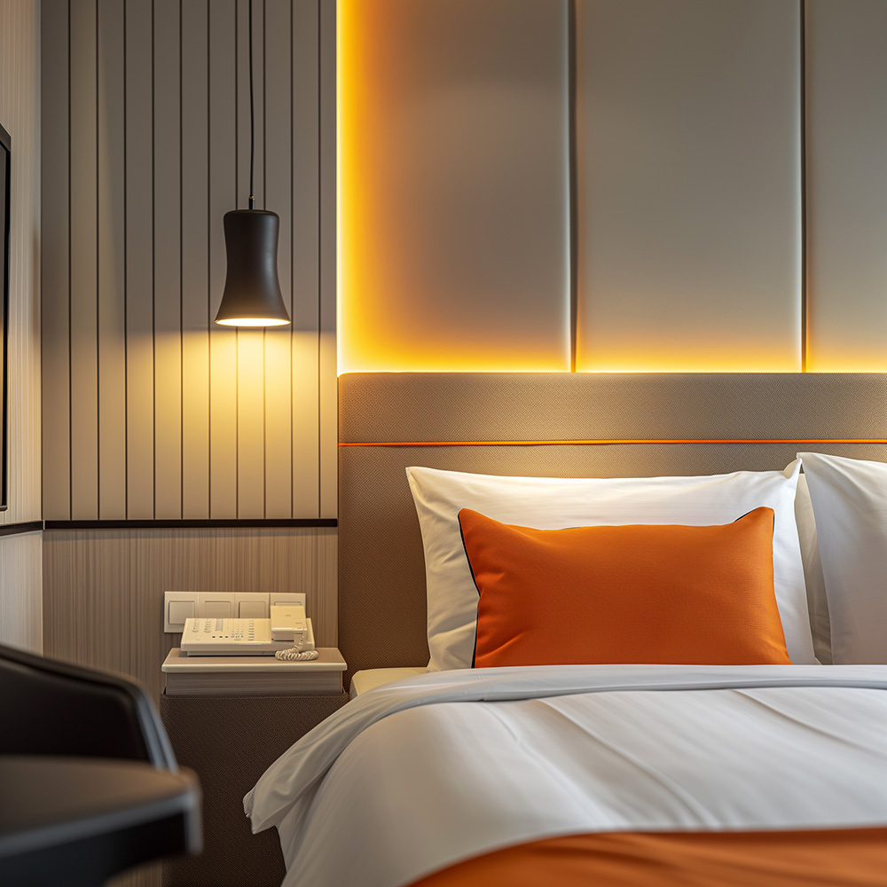 Image of modern bed with orange accents and warm lighting.